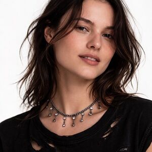 Vintage Gunmetal Chain and Rhinestone Statement Necklace Edgy Goth Punk Grunge